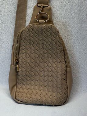 On The Move Woven Sling Bag Taupe Vegan Leather Gold Hardware Fabric Web Strap